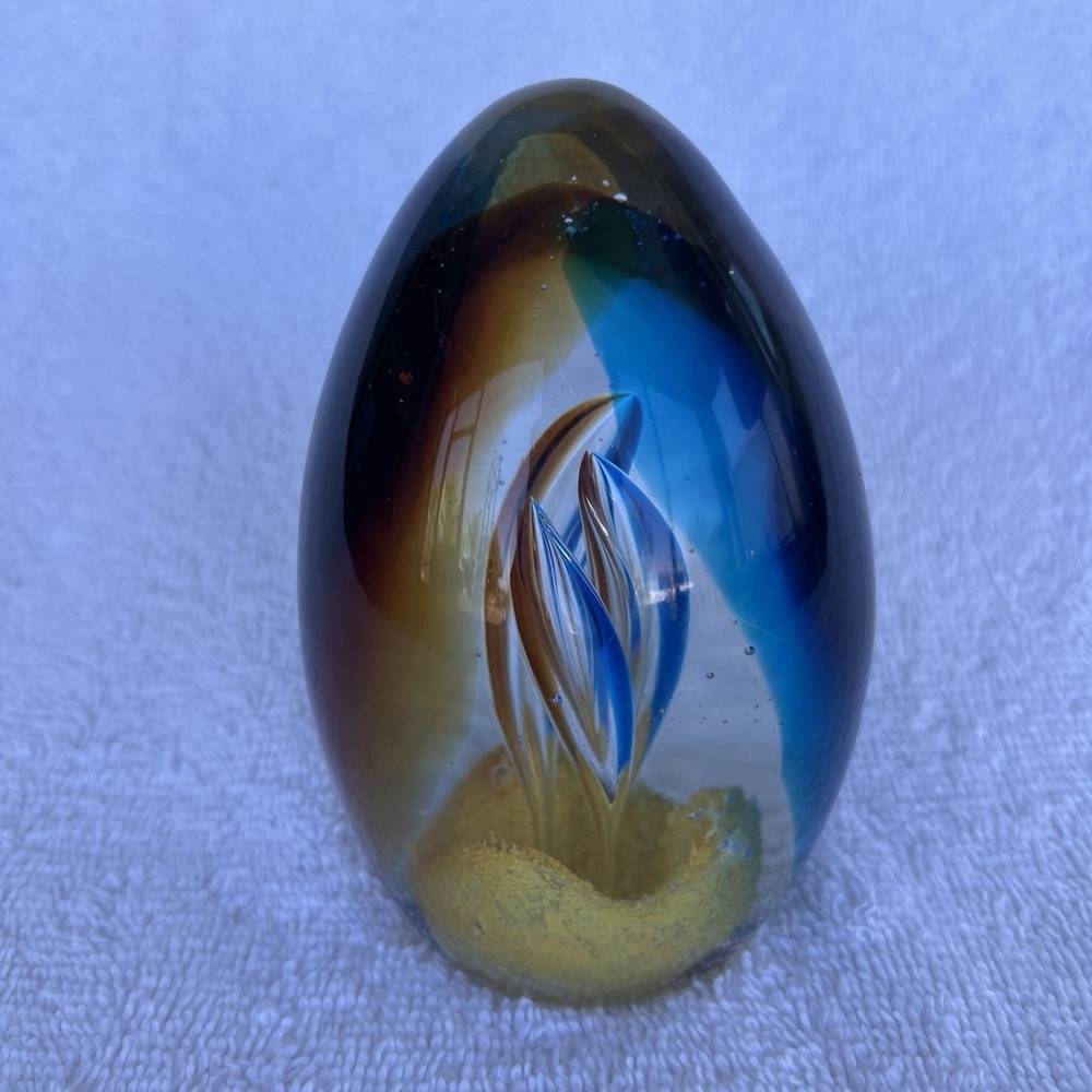 Vtg Murano Art Glass Egg Paperweight Blue Yellow Sculpture Made In Italy